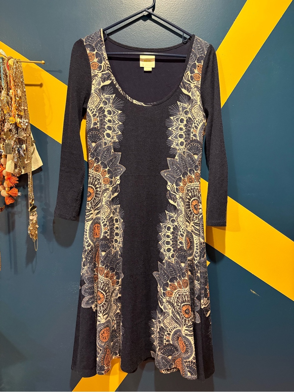 Anthropologie Maeve Navy Floral Scoop Neck Midi Sweater Dress EUC